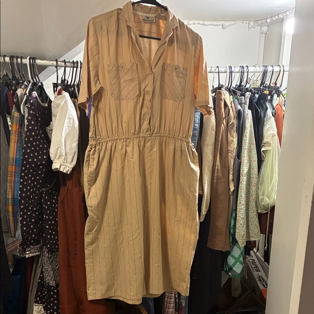 Vintage Beige Striped Women's Dress